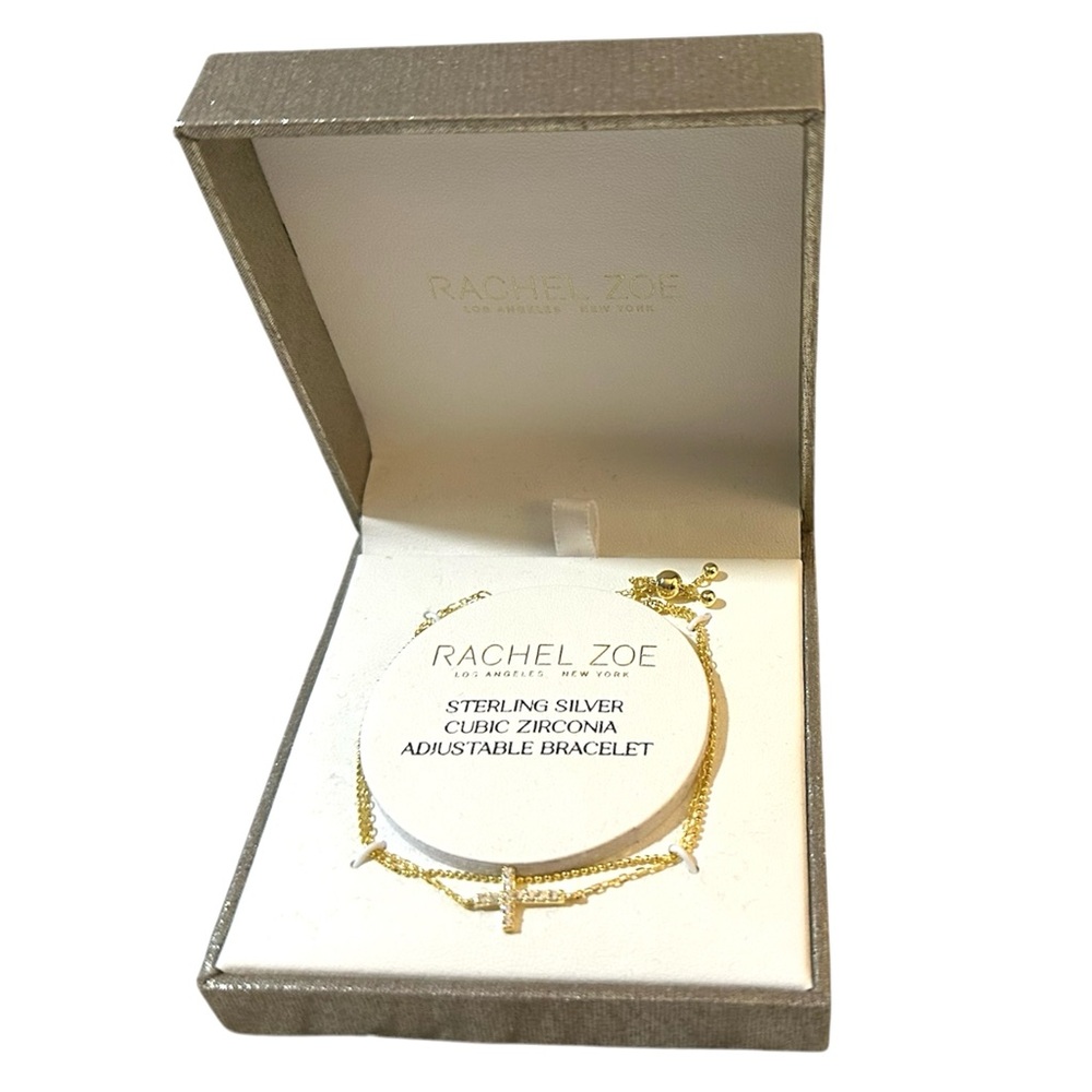 Rachel Zoe Adjustable Bracelet Cubic Zirconia Cross & Gold on Sterling Silver - Picture 2 of 5